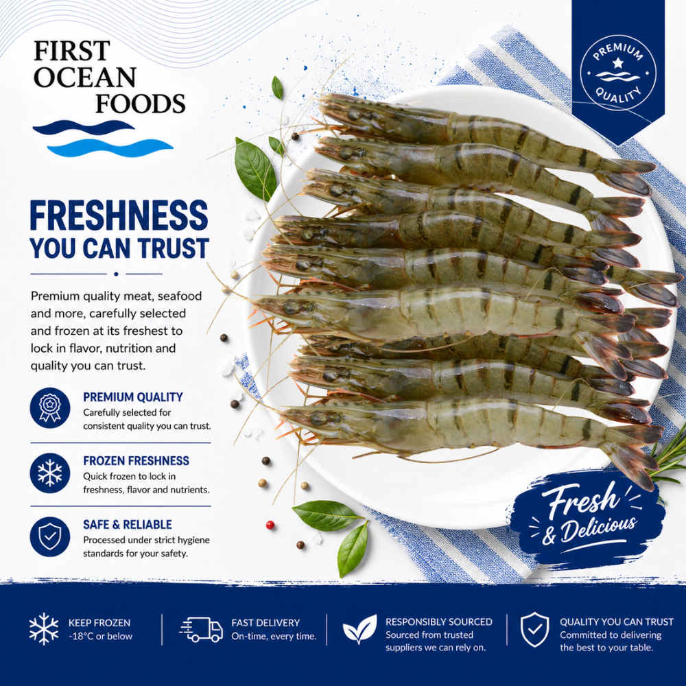 (First Ocean Foods)  Black Tiger Prawn Hoso Large - 1KG