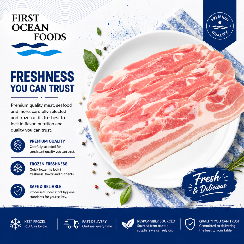 (First Ocean Foods)  Frozen Pork Belly Thick Sliced - 1KG