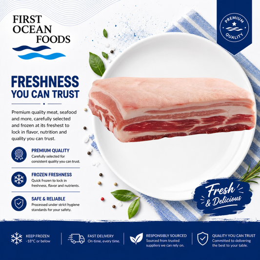 (First Ocean Foods)  Frozen Pork Belly Skin on - 1KG